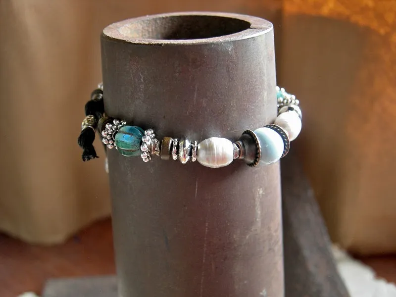 Elegant Adjustable Slider Bracelet, Creamy Pearl, Pale Blue Ceramic