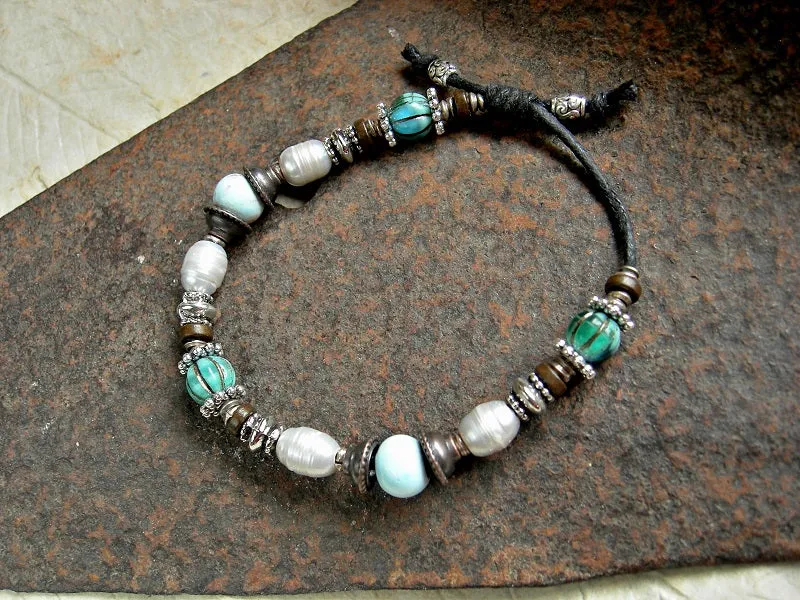 Elegant Adjustable Slider Bracelet, Creamy Pearl, Pale Blue Ceramic