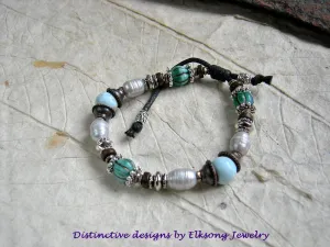 Elegant Adjustable Slider Bracelet, Creamy Pearl, Pale Blue Ceramic