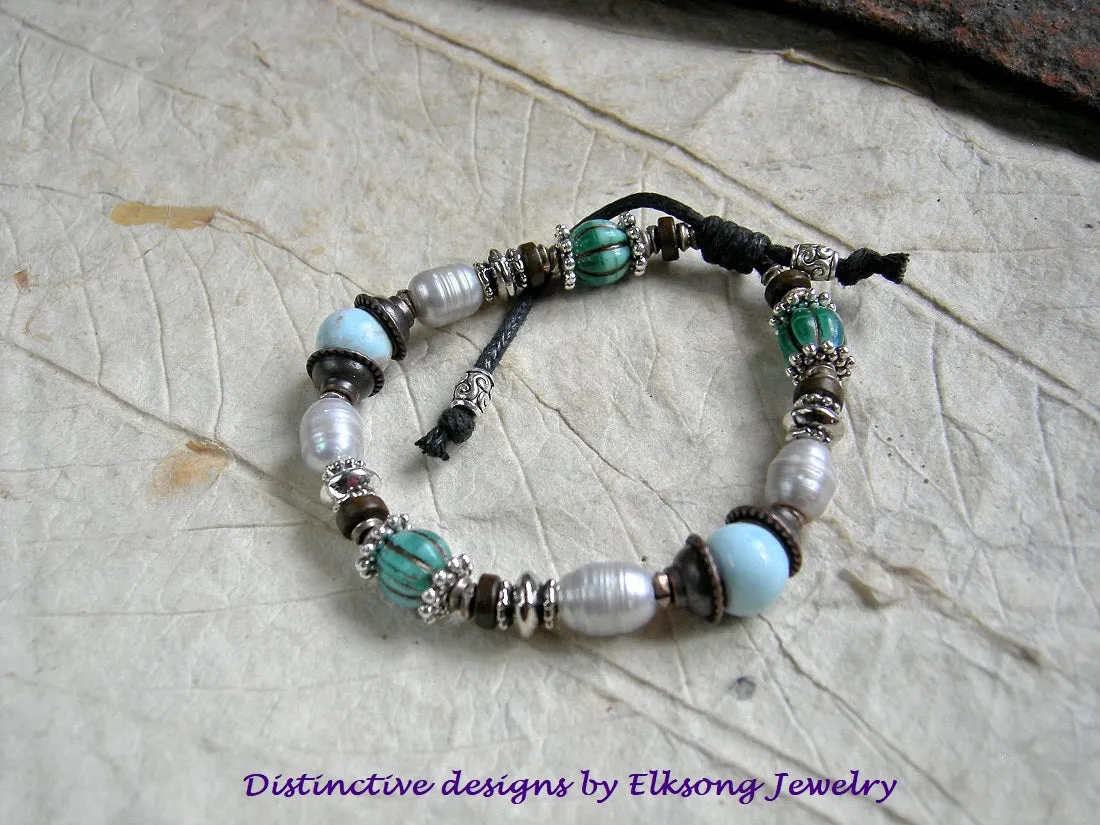 Elegant Adjustable Slider Bracelet, Creamy Pearl, Pale Blue Ceramic