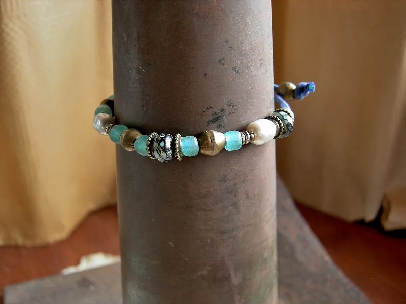 Elegant Pearl Slider Bracelet, Aqua Java Glass, African Brass
