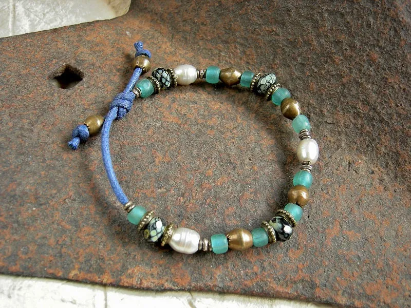 Elegant Pearl Slider Bracelet, Aqua Java Glass, African Brass