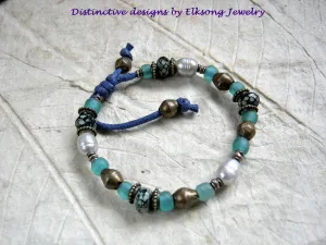Elegant Pearl Slider Bracelet, Aqua Java Glass, African Brass