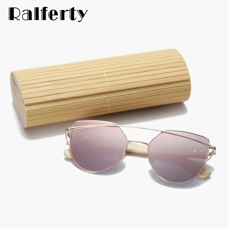 Ralferty Women's Cat Eye Bamboo Wood Mirror Sunglasses K1585