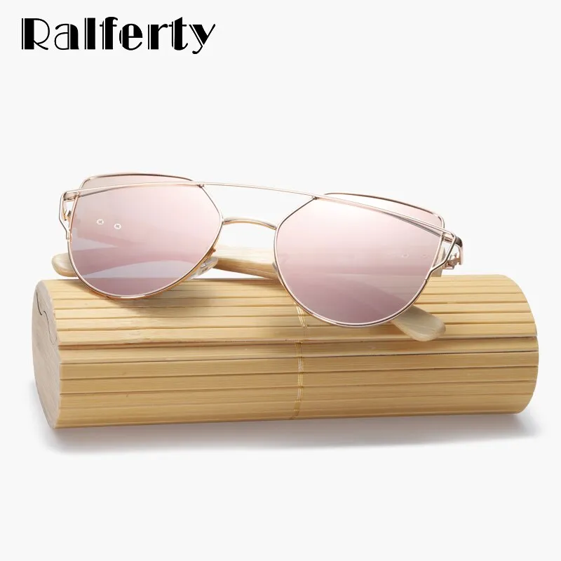 Ralferty Women's Cat Eye Bamboo Wood Mirror Sunglasses K1585